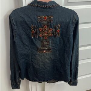 MARTINI RANCH western beaded denim button down shirt size large cross rodeo